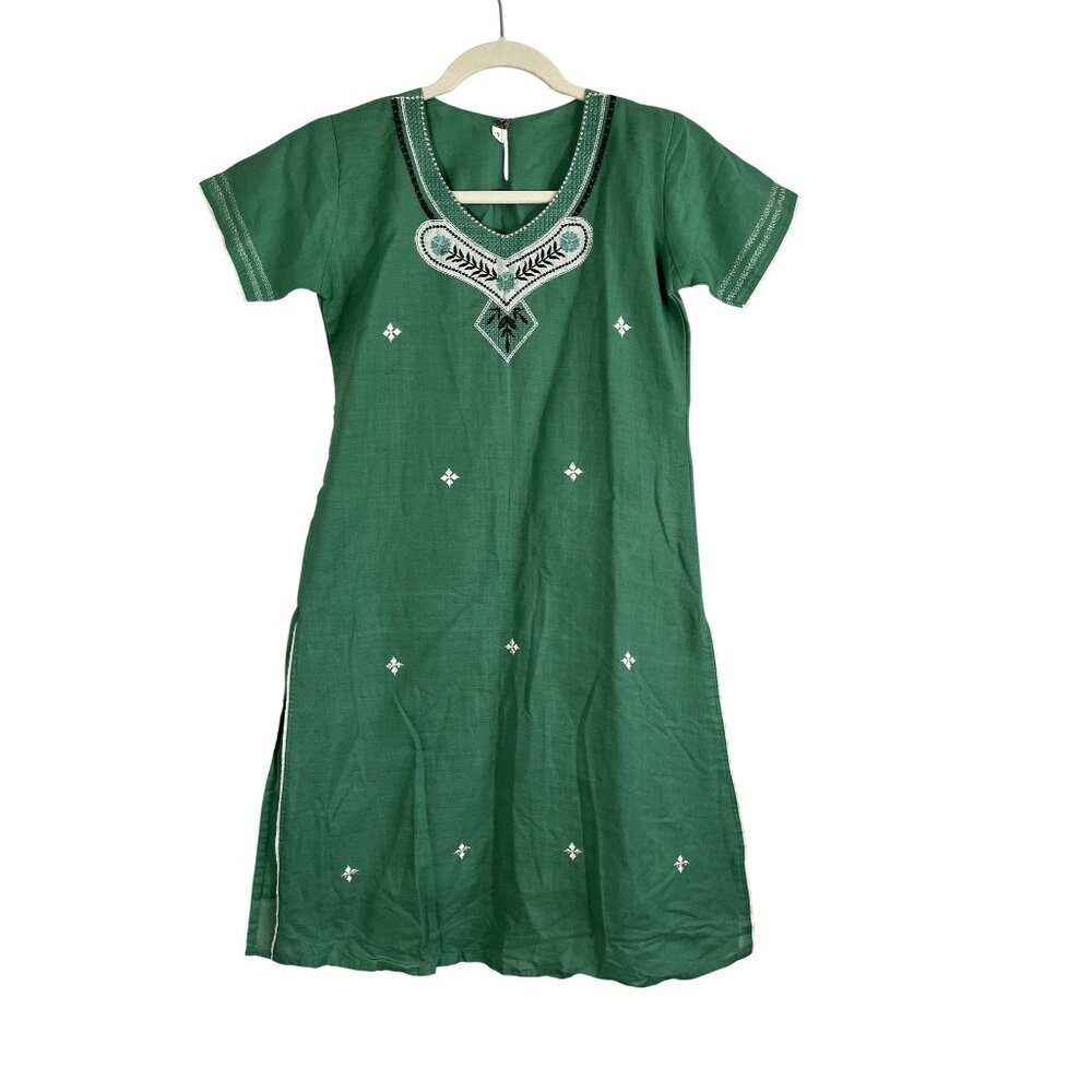 Colorful Kurta Floral Embroidery Dress Green S Tunic Fitted Kameez Kaftan Chic